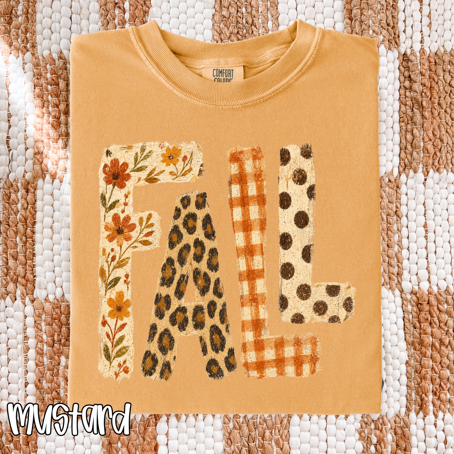 Retro Patchwork "FALL" Comfort Colors T-Shirt - Autumn Floral, Leopard Print & Buffalo Plaid Lettering Tee, Pressed & Shipped from East Tennessee