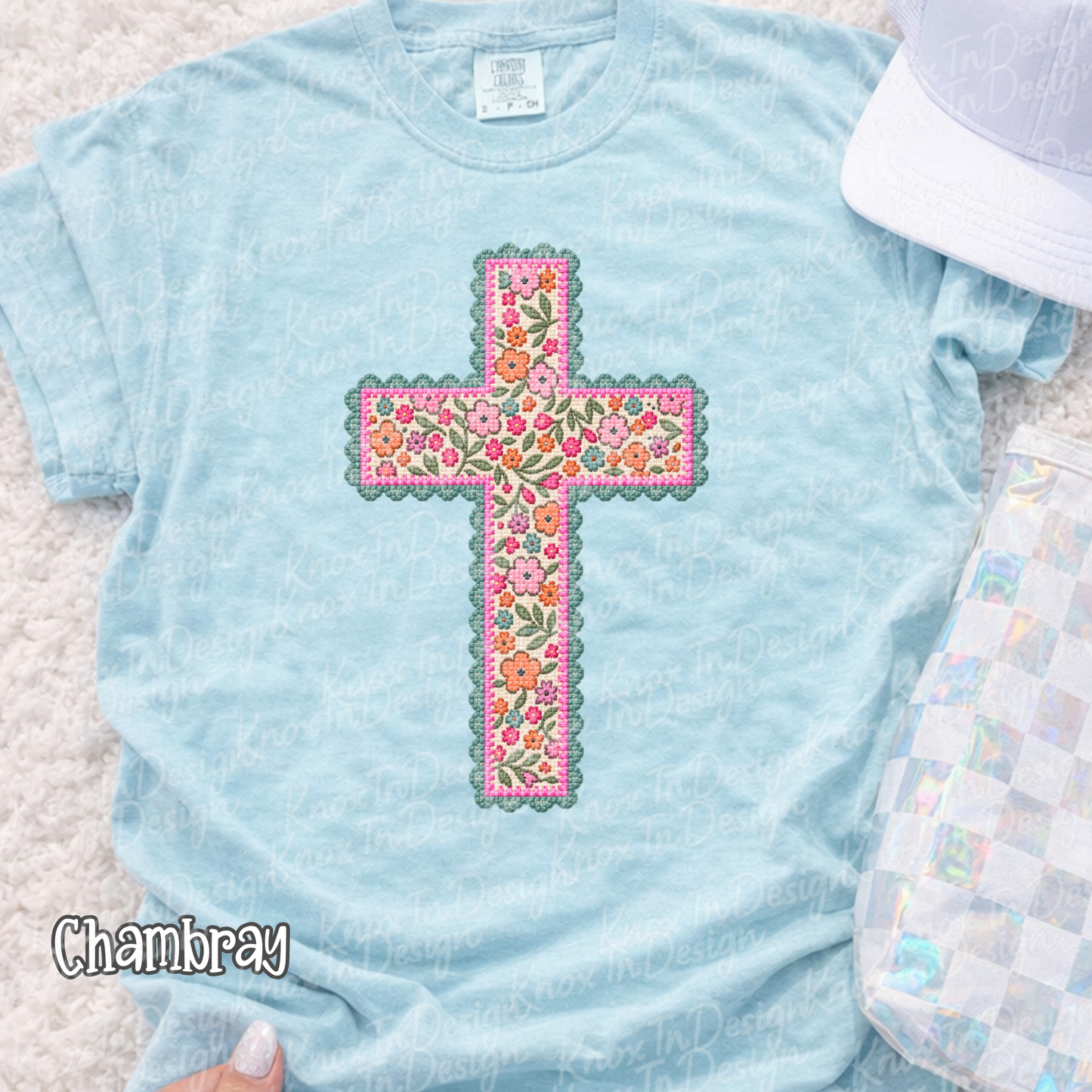 Floral Needlepoint Cross Comfort Colors T-Shirt - Preppy Needlepoint LOOK Cross Graphic Tee, Christian Gift, Pressed & Shipped from East Tennessee