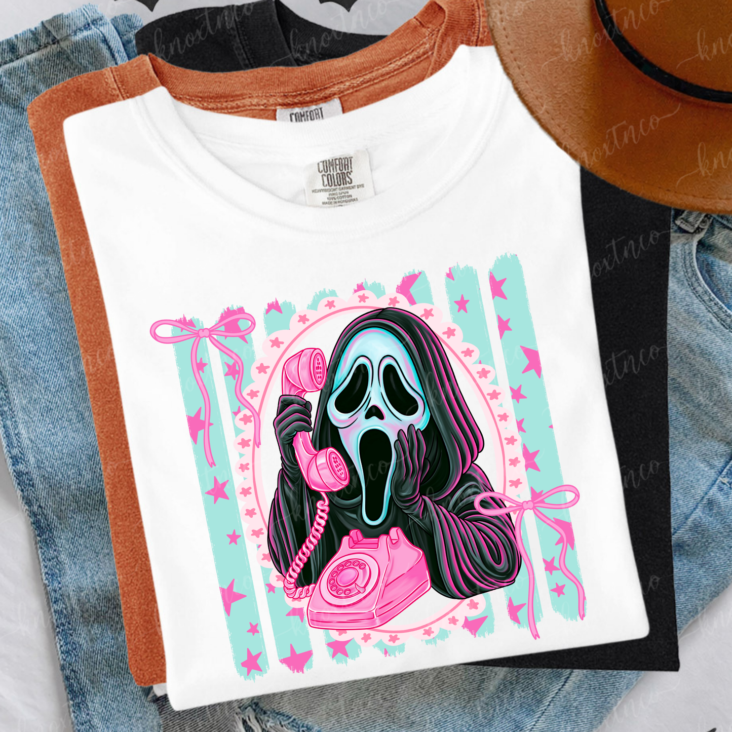 Ghostface Pink Telephone Tee – Comfort Colors Pastel Horror Shirt