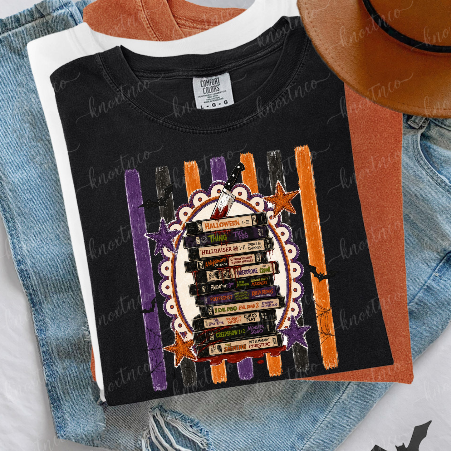 Retro Horror Movie Spooktacular Comfort Colors T-Shirt - Halloween Movie Lover's VHS Stack Graphic Tee, Scandi Boho Pumpkin Color, Unisex Horror Fan Gift