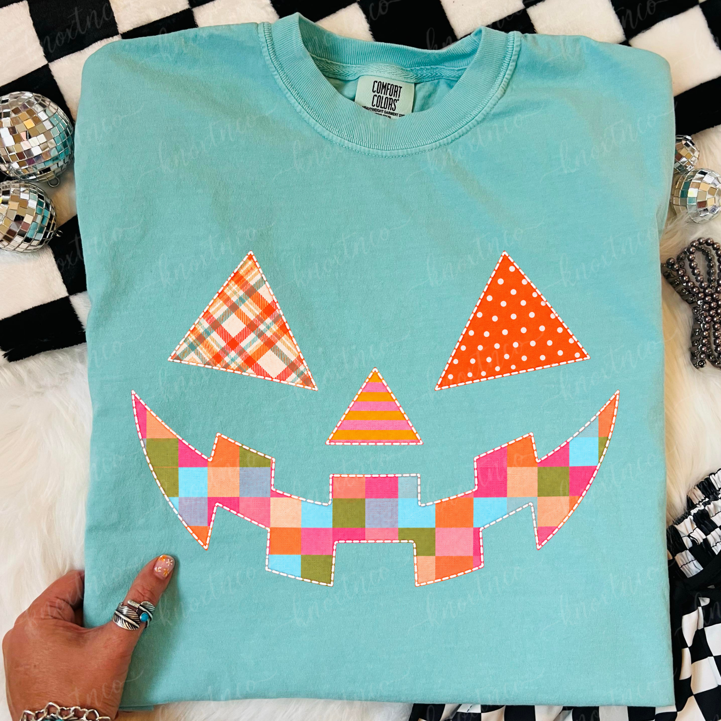 Quilt-Look Jack O’ Lantern Comfort Colors® T-Shirt | Patchwork Pumpkin Halloween Fall Tee