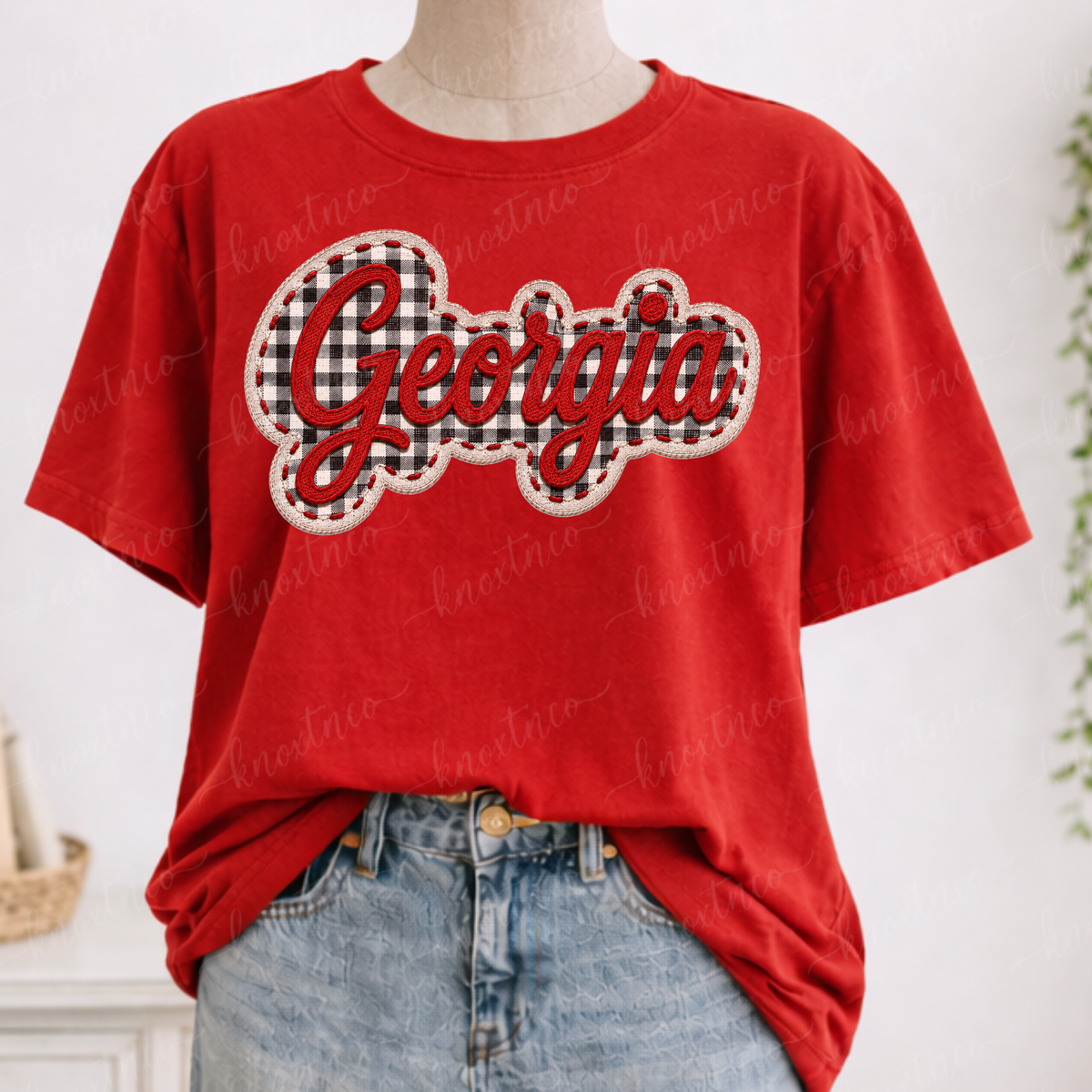 Georgia Embroidered Look T-Shirt or Sweatshirt | Red Black Gingham Game Day Shirt | Georgia Football Fan Tee
