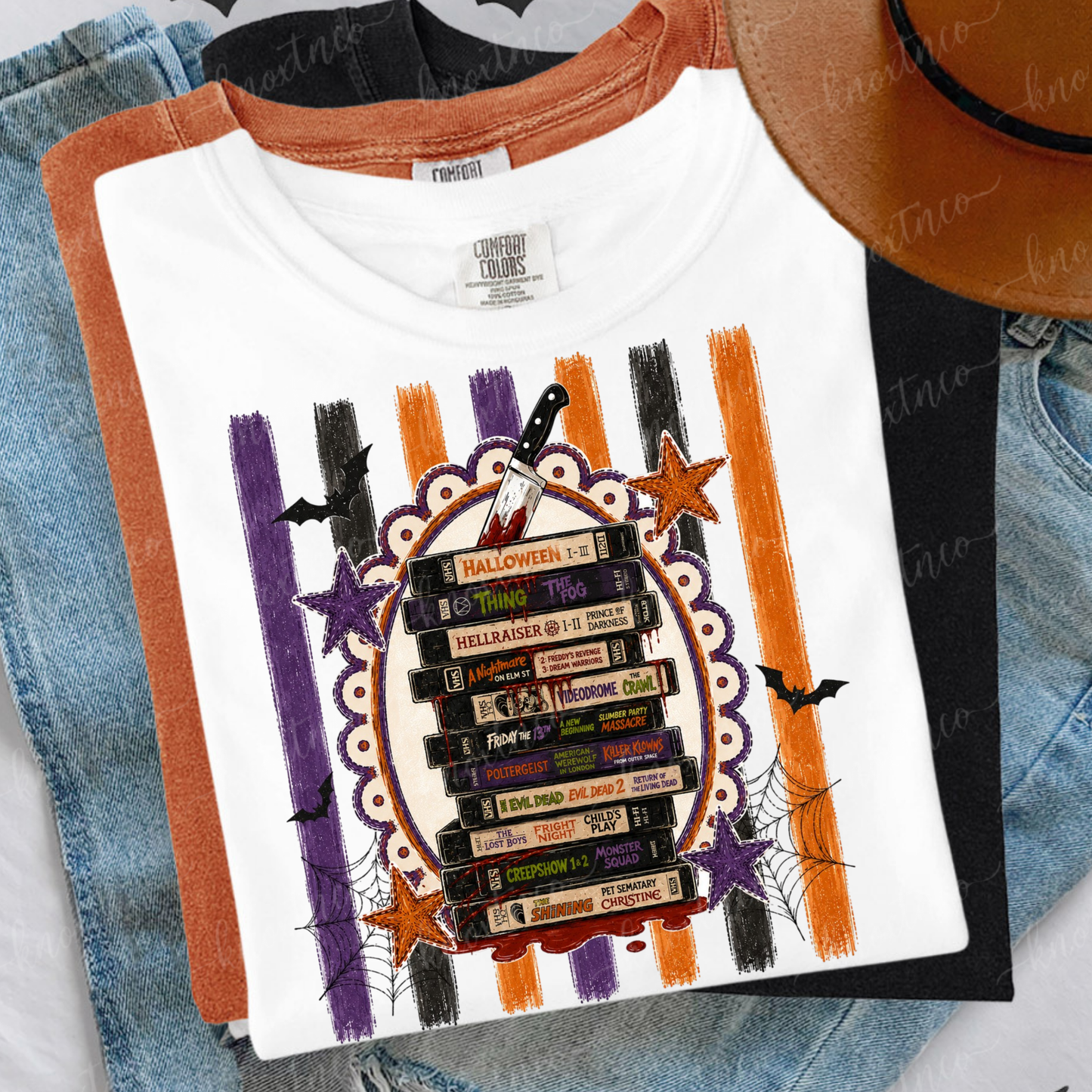 Retro Horror Movie Spooktacular Comfort Colors T-Shirt - Halloween Movie Lover's VHS Stack Graphic Tee, Scandi Boho Pumpkin Color, Unisex Horror Fan Gift