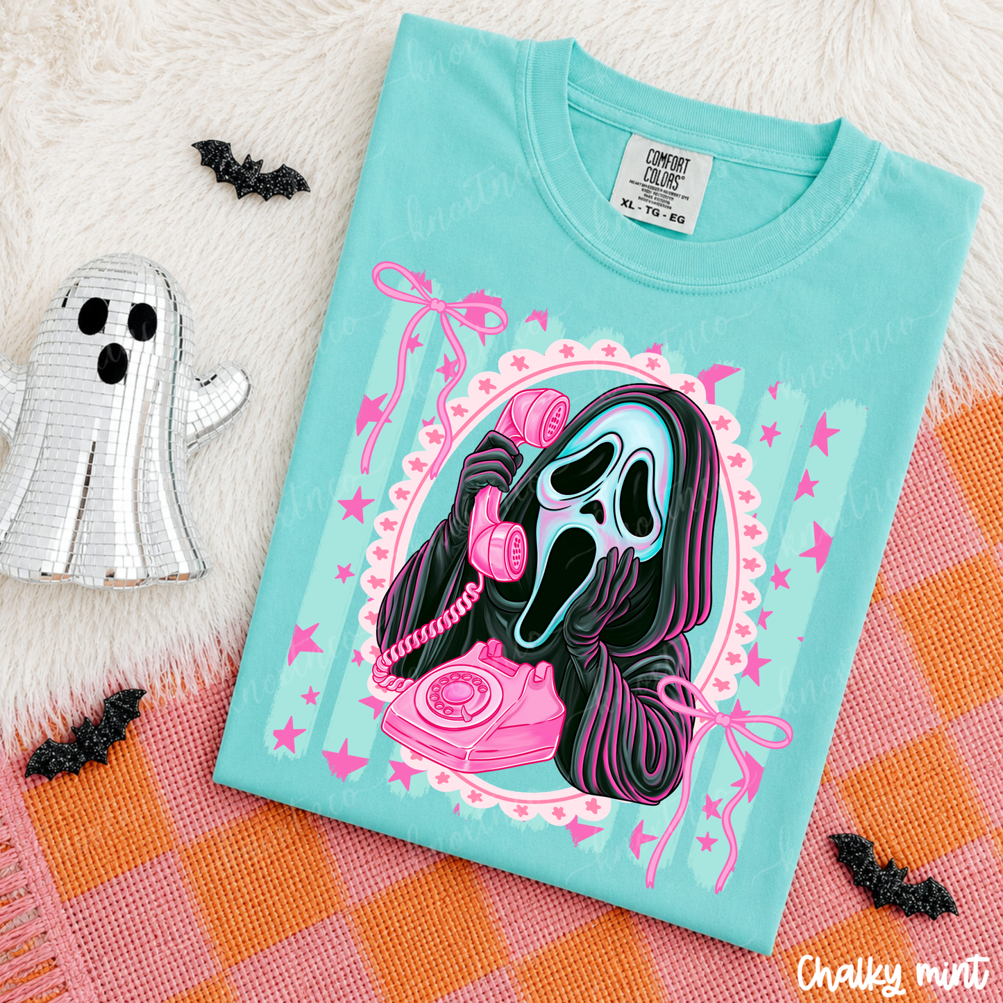 Ghostface Pink Telephone Tee – Comfort Colors Pastel Horror Shirt