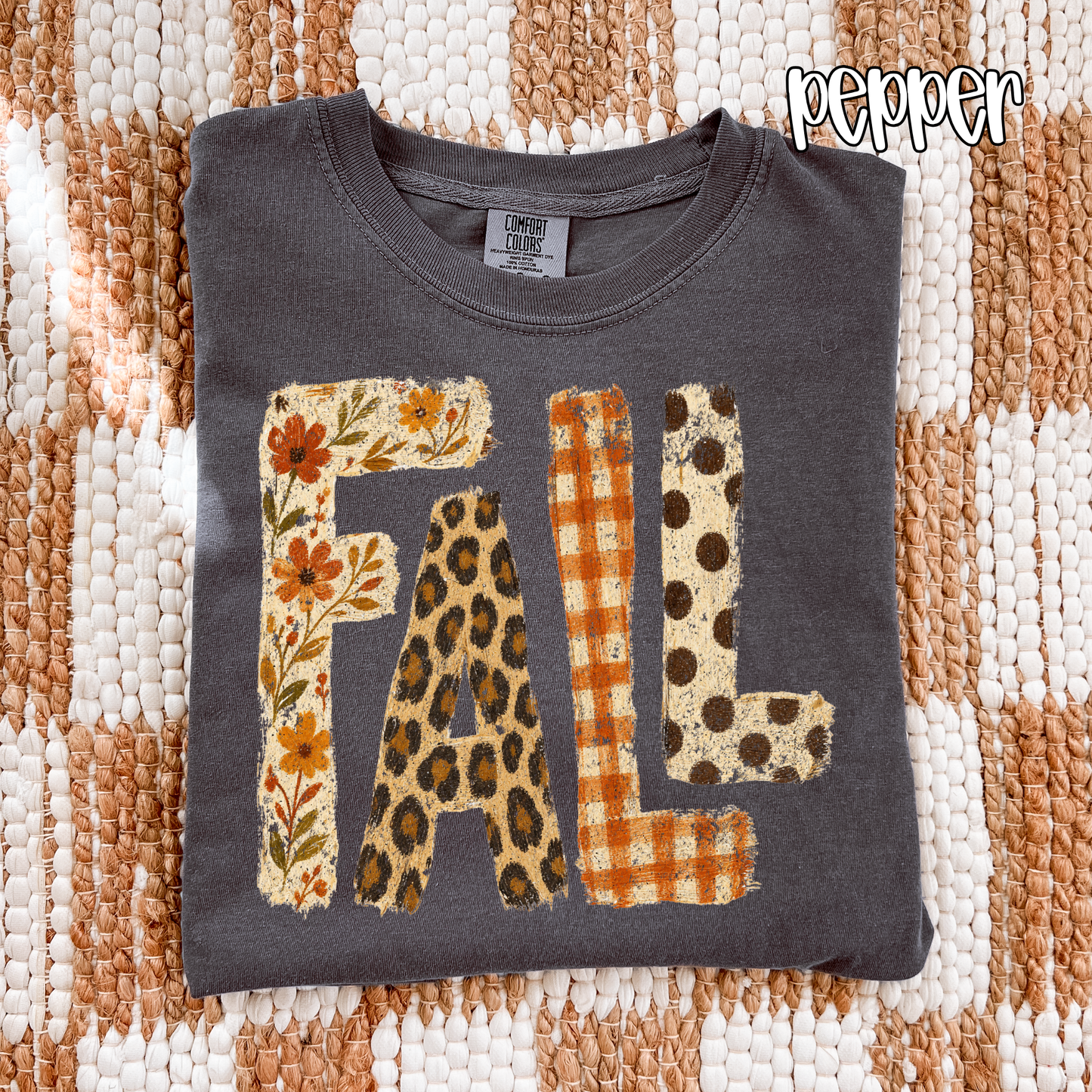 Retro Patchwork "FALL" Comfort Colors T-Shirt - Autumn Floral, Leopard Print & Buffalo Plaid Lettering Tee, Pressed & Shipped from East Tennessee
