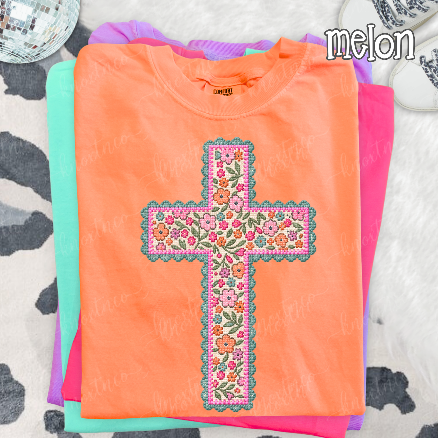 Floral Needlepoint Cross Comfort Colors T-Shirt - Preppy Needlepoint LOOK Cross Graphic Tee, Christian Gift, Pressed & Shipped from East Tennessee