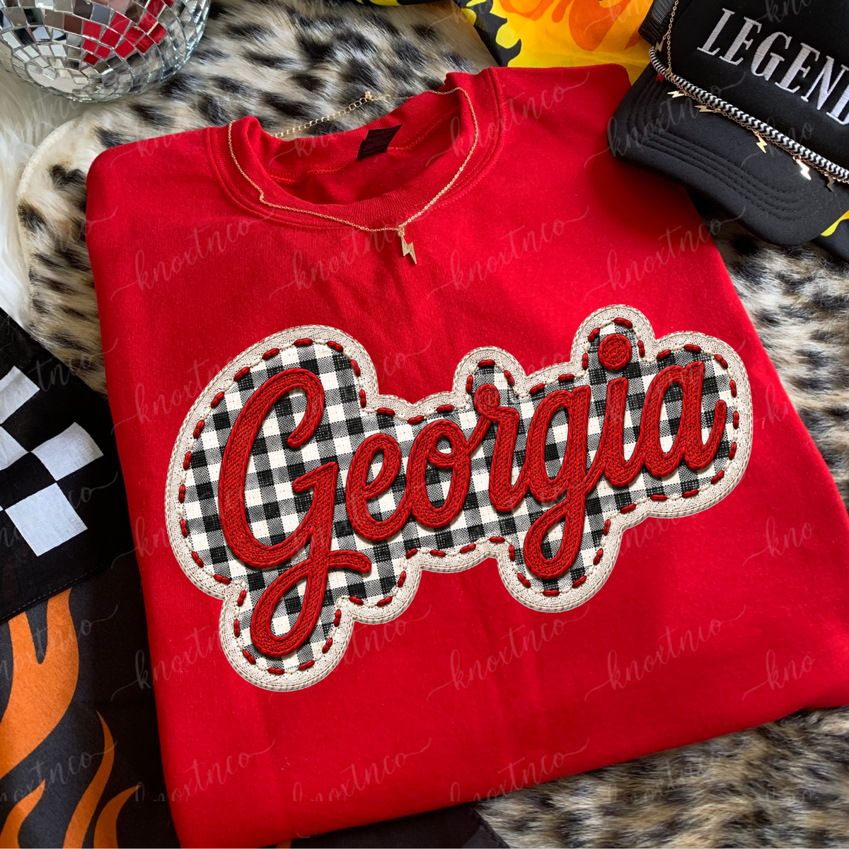 Georgia Embroidered Look T-Shirt or Sweatshirt | Red Black Gingham Game Day Shirt | Georgia Football Fan Tee