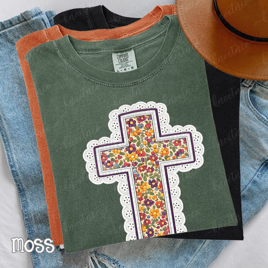 Comfort Colors Brand Fall Cross Lace Look Comfort Colors T-Shirt - Autumn Floral, Fall Christian Shirt