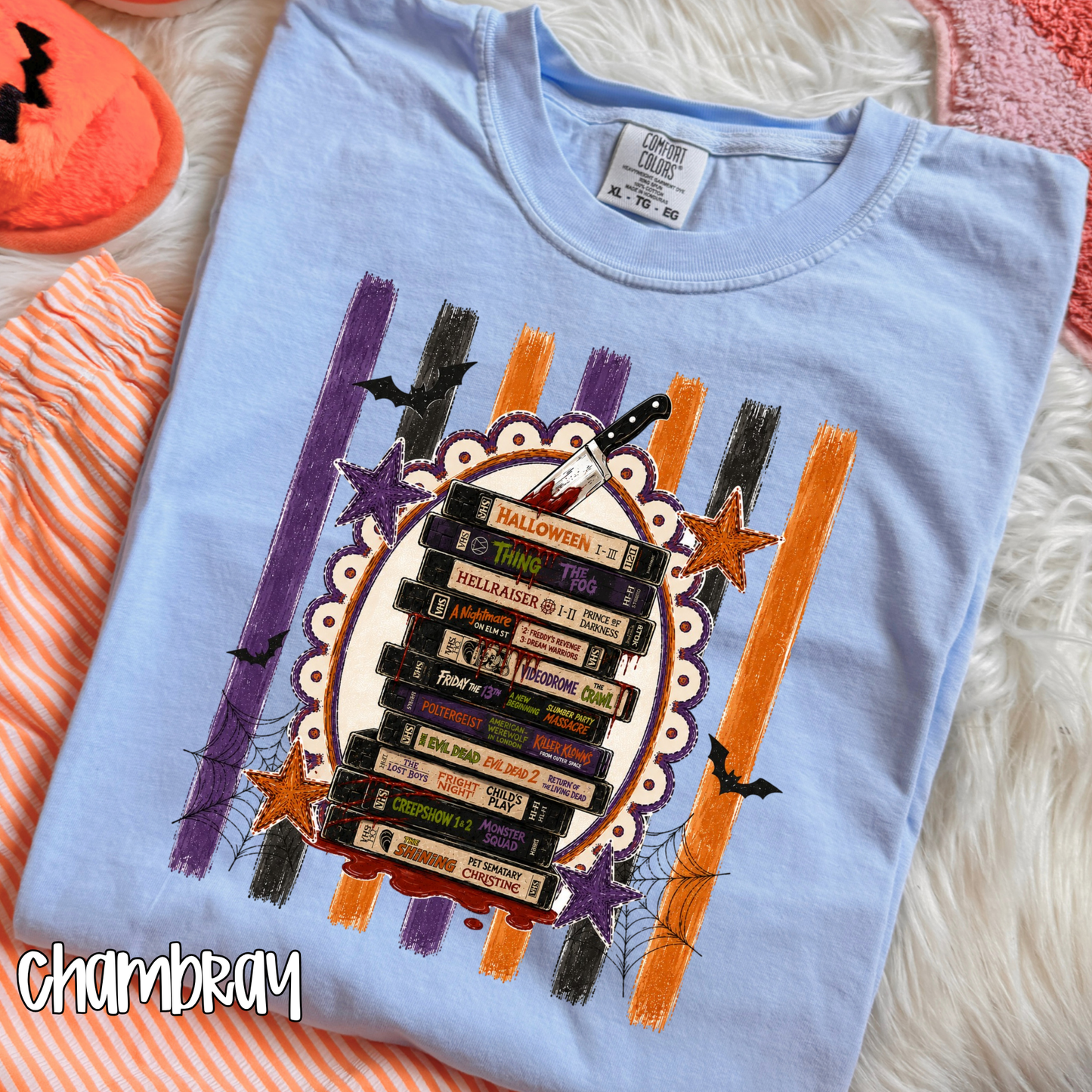 Retro Horror Movie Spooktacular Comfort Colors T-Shirt - Halloween Movie Lover's VHS Stack Graphic Tee, Scandi Boho Pumpkin Color, Unisex Horror Fan Gift