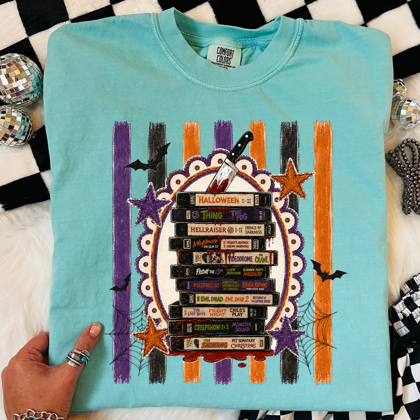 Retro Horror Movie Spooktacular Comfort Colors T-Shirt - Halloween Movie Lover's VHS Stack Graphic Tee, Scandi Boho Pumpkin Color, Unisex Horror Fan Gift