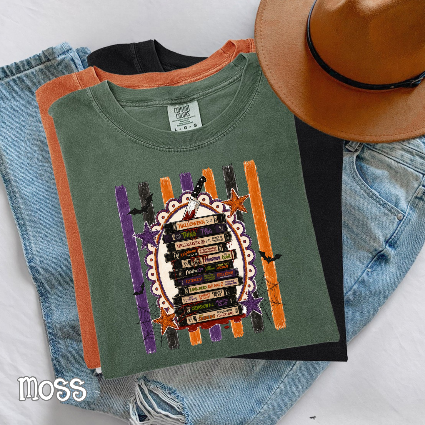Retro Horror Movie Spooktacular Comfort Colors T-Shirt - Halloween Movie Lover's VHS Stack Graphic Tee, Scandi Boho Pumpkin Color, Unisex Horror Fan Gift